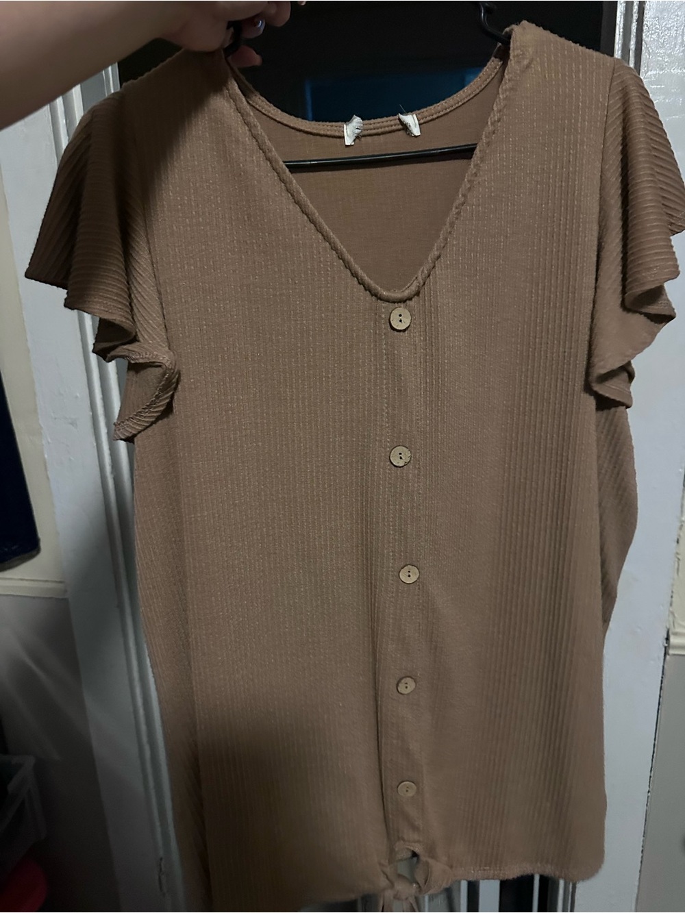 Women's Button-Front V-Neck Short Sleeve Top in Brown